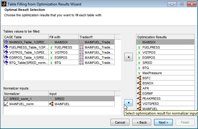 Wizard window for selecting optimization results to fill CAGE tables, showing lists of tables with fill and tradeoff columns, normalizer inputs, and optimization results.