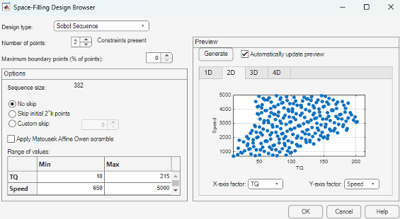 Space filling design browser dialog.