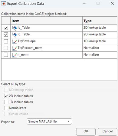 Export calibration data dialog with id_table and iq_table selected