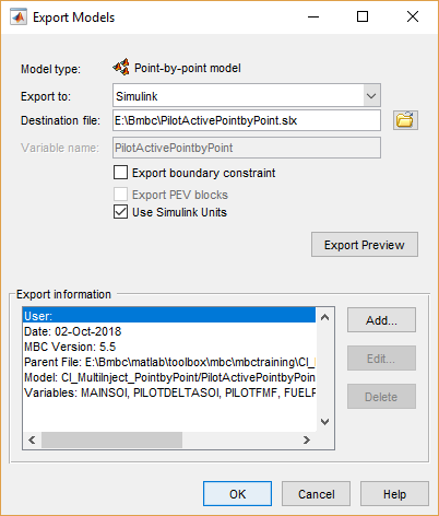 Dialog box titled ‘Export Models’ showing options for model type, export format, destination file path, variable name, and export settings, with export information details listed below.