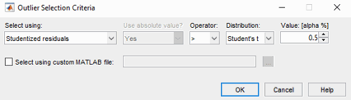 Outlier Selection Criteria dialog with options: Select using Studentized residuals, Use absolute value Yes, Operator >, Distribution Student’s t, and Value [alpha %] set to 0.5. Includes checkbox for custom MATLAB file and OK, Cancel, Help buttons.