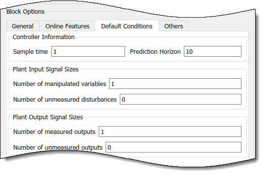 Default Conditions tab of the MPC Controller Block Parameters dialog box.