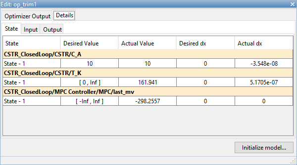 Edit snapshot dialog box, viewing an operating point obtained by trimming the model.