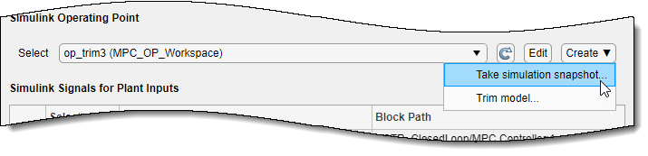 Simulink Operating Point section of the Linearize Simulink Model dialog box, choosing to take simulation snapshots.