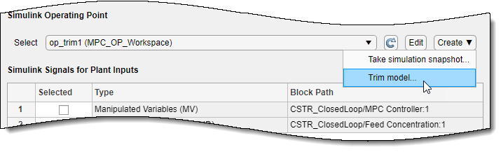 Simulink Operating Point section of the Linearize Simulink Model dialog box, chosing to trim the model.