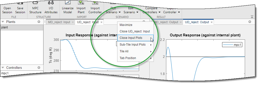 Section of the MPC Designer window, highlighting the Close Input Plots option in the Input plots tab bar.