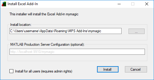 Screen shot of Excel add-in installer where you can choose an install location and enter the server configuration.