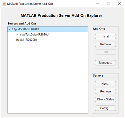 Servers and Add-Ons section listing the installed server