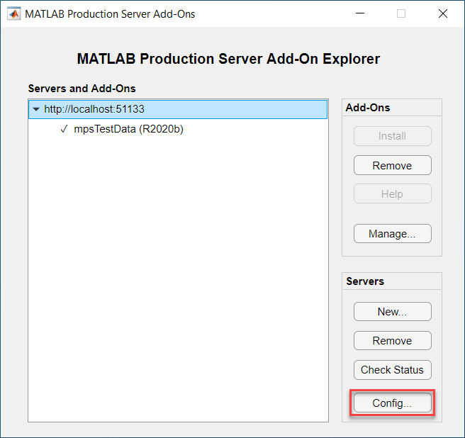 MATLAB Production Server Add-On Explorer with the button to configure access control selected.