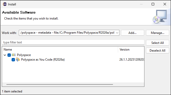 Eclipse plugin install menu with Polyspace as You Code plugin selected