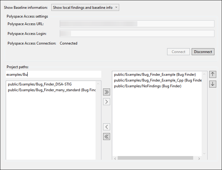 Selection of Polyspace Access projects to use as a baseline.