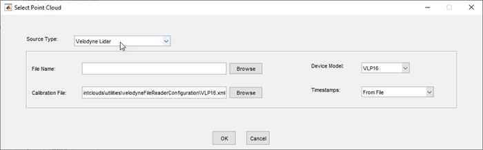 Add Signal dialog box with Source Type set to Velodyne Lidar