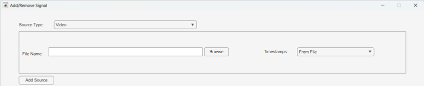 Add/Remove Signal dialog box configured to load videos with timestamps