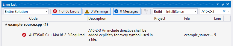 Error List pane in Visual Studio with A16-2-3 filter enabled