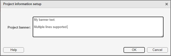 Project information setup window with example banner text in the Project banner section.