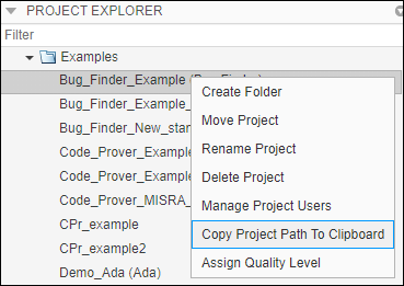 Right-click option to copy project path