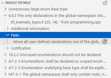 Result Details pane showing a fix for a violation of MISRA C++:2023 Rule 6.0.3.