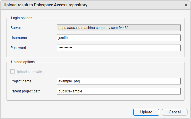 Upload results to Polyspace Access repository window with example information