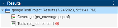 Results pane shows test execution and coverage results