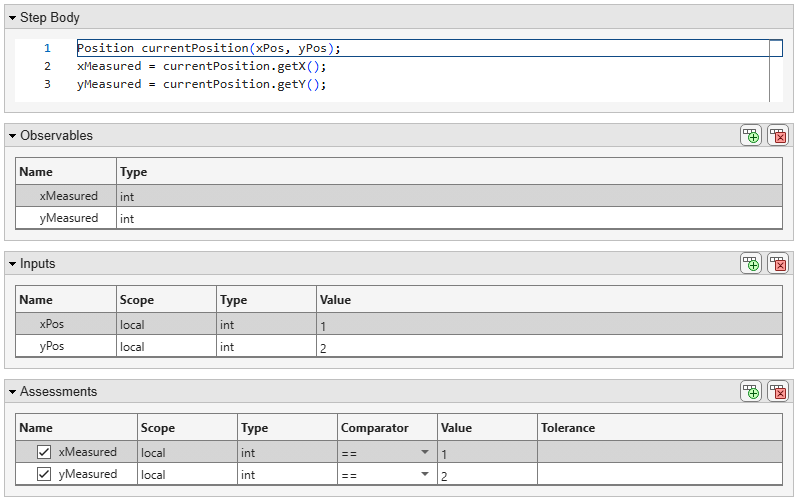 Scripted test step showing the Step Body and three sections: Observables, Inputs and Assessments.