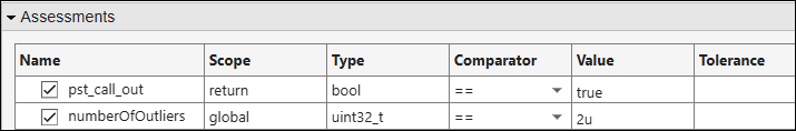Assessments section of a test with Value and Comparator column populated.
