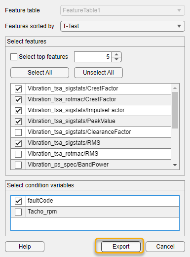 The Export Features to Workspace dialog box contains, from top to bottom, Features sorted by, Select top features, Select and Unselect All buttons, a list of selectable features, and a list of selectable condition variables. The Export button is second from the right on the bottom of the dialog box.