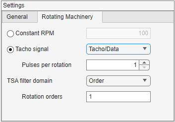 In the Rotating Machinery tab, the properties are, from top to bottom, Constant RPM,Tacho signal, Pulses per rotation, TSA filter domain, and Rotation orders.