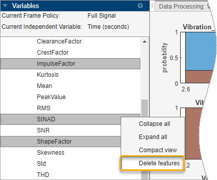 Variables pane. Multiple nonadjacent features are selected. The context menu to the right of the pane has the Delete features option selected.