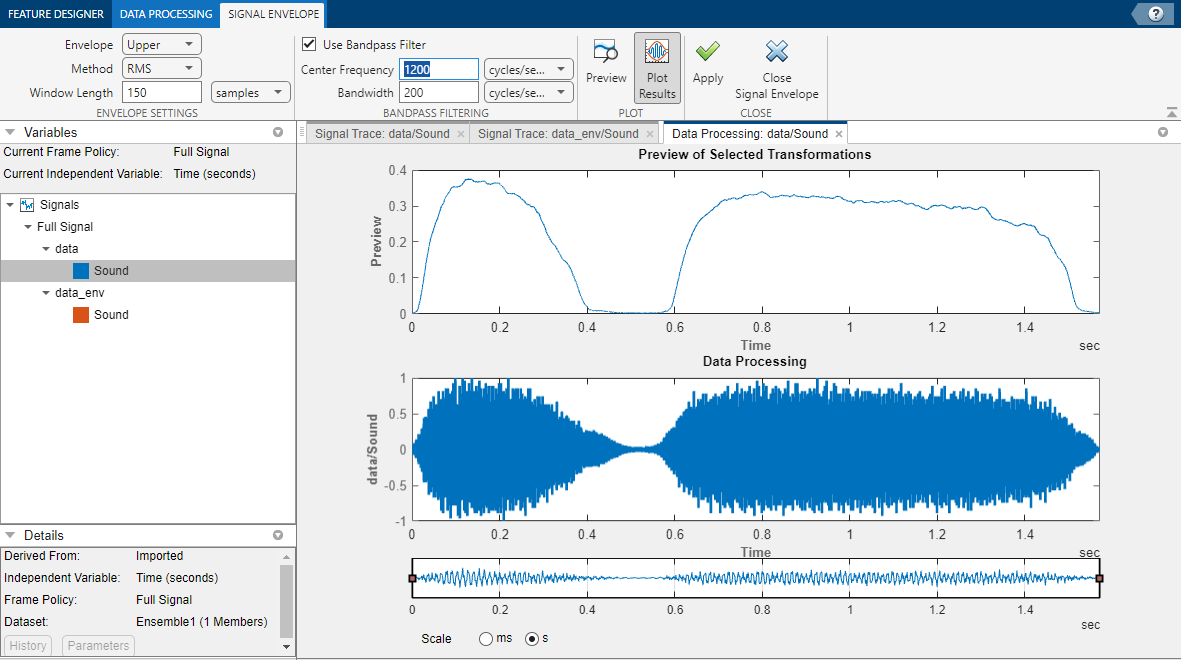 The settings are along the top. Use Bandpass Filter is selected. The preview plot is on the right.