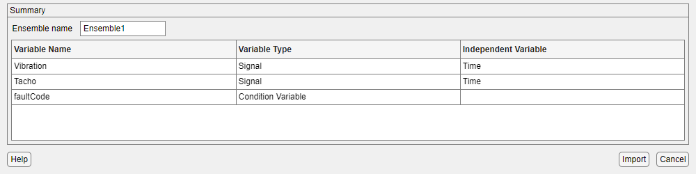 Summary displaying the ensemble name near the top and three columns that contain, from left to right, Variable Name, Variable Type, and Independent Variable.