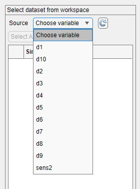 List of all workspace variables, arranged vertically in a menu. The list contains member files that start with the letter "d" and another file named "sens2".