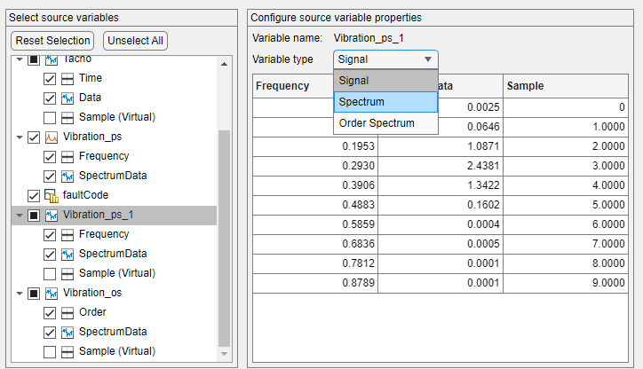 The variable Vibration_ps_1 is selected in the variable list on the left. The variable type Spectrum is highlighted in the menu on the right.