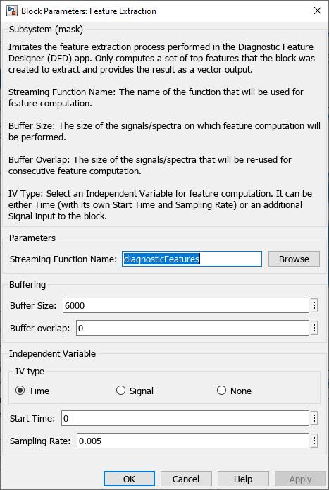 Block parameters for feature extraction. Descriptions are in text in the upper half. Parameter settings are in the lower half.