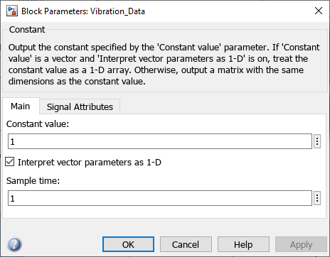 Block parameter specification for the Vibration_Data input block. The Main tab is open.