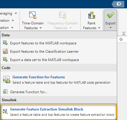 The Generate Feature Extraction Simulink Box option is the last menu item.