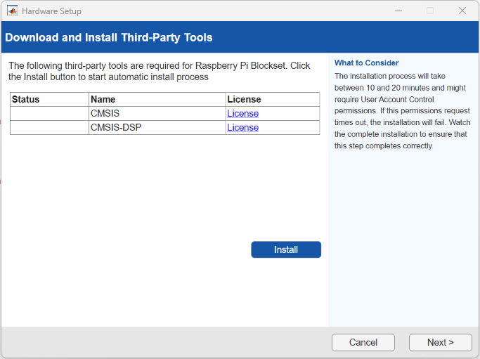 First Screen of Hardware Setup for Raspberry Pi Blockset
