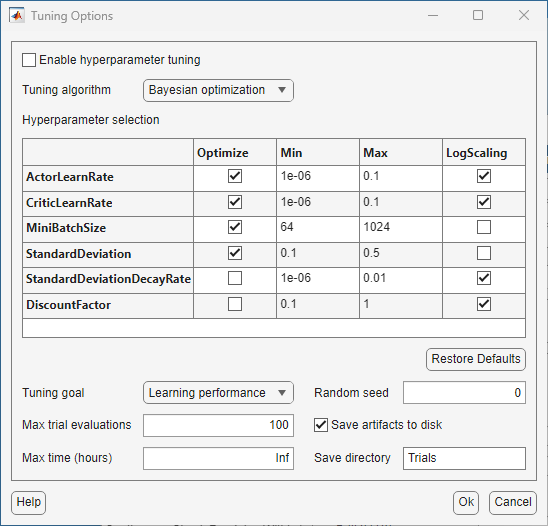 Hyperparameter tuning options dialog box