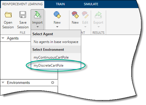 Select one of the listed environments, which are available in the MATLAB workspace.