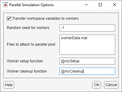 Parallel Simulation options dialog showing file and function information.