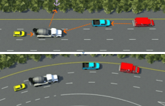 Top image: Four vehicles anchored to a straight road. Bottom image: The same four vehicles anchored to a curved road.