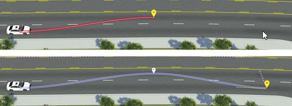 Top: Path with path segment selected. Bottom: Path extended with added waypoint.