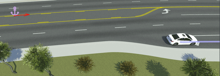 Anchor moved right and vehicle moves into turning lane on right road edge.