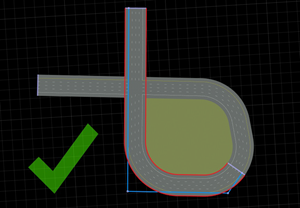 A road that loops back in on itself. The road has been chopped into two roads and correctly forms a junction.