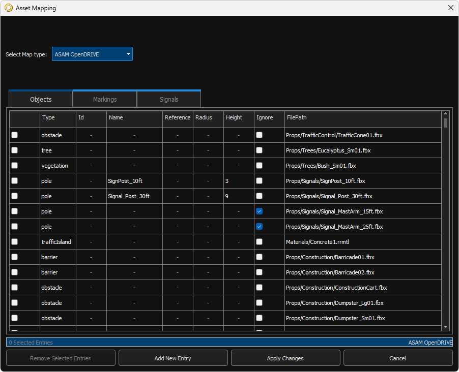 Asset mapping dialog box for ASAM OpenDRIVE maps