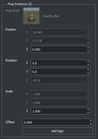 Attributes pane for the selection of two props, with a drum barrel asset displayed. Attributes include position, rotation, scale, and offset.