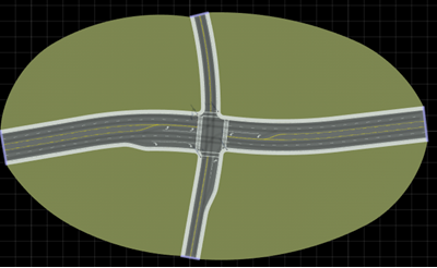 RoadRunner scene containing a four-way intersection with traffic signals