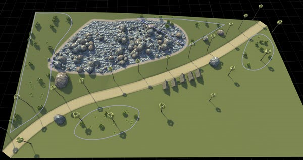 Bird's-eye view of a simple scene containing trees, rocks, and a path. Four prop polygons of bushes are outlined in light purple.