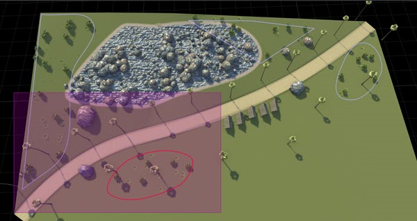 Purple rectangular region showing a containment box selection. One polygon is fully enclosed in the region and outlined in red to indicate that it is selected.