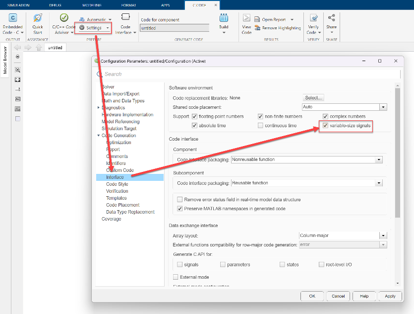 Variable-size signals parameter enabled in the target configuration parameters.