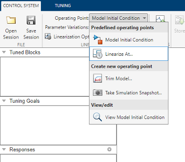 Control System Tuner app showing Operating Point menu with options for using predefine operating points such as model initial condition, and creating new operating points by trimming or snapshot